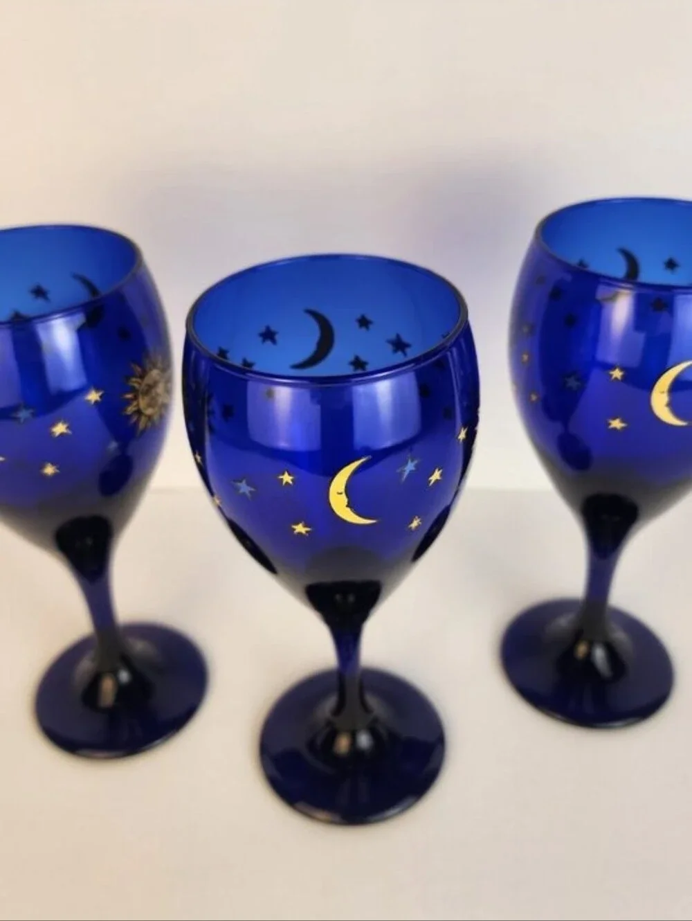 Libbey Cobalt Blue Wine Glasses with Gold Sun and Star Motif